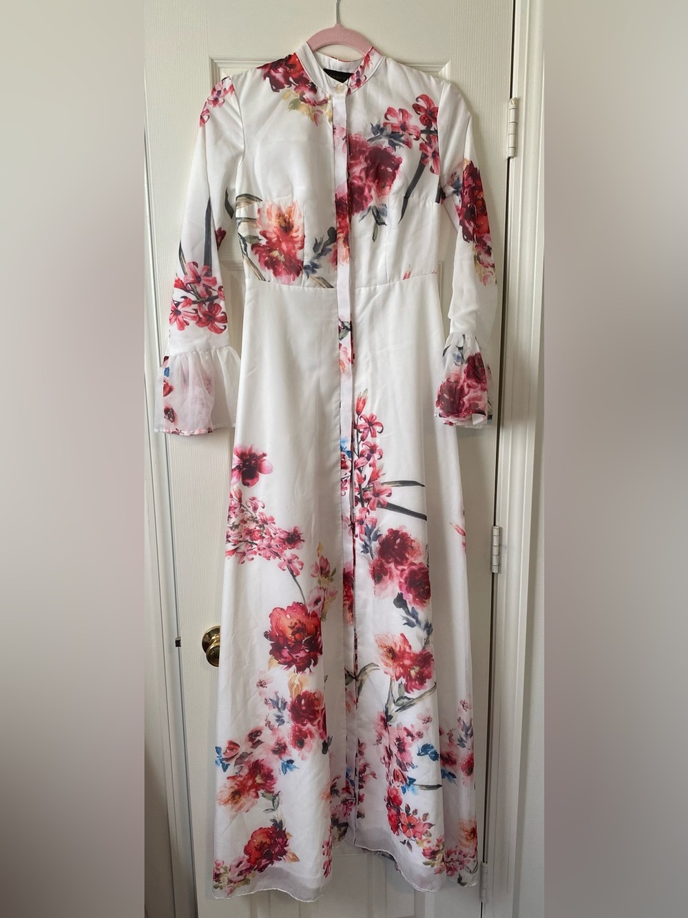 White Floral Long Sleeve Maxi Dress with Pink and Red Blooms